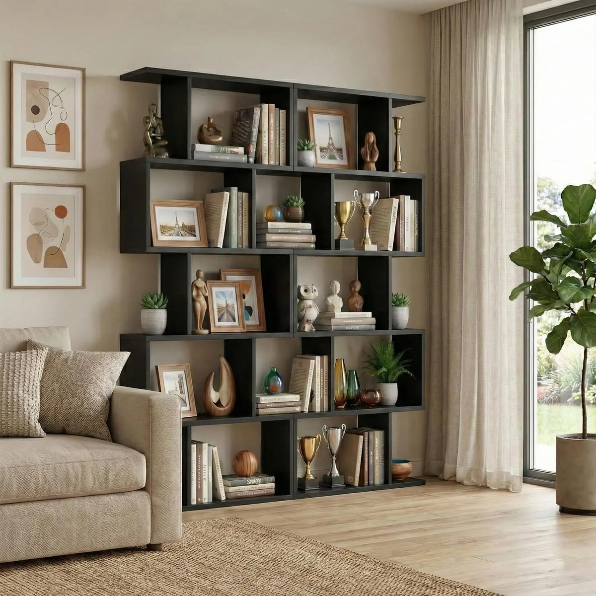 Modern 5 Tier Geometric Bookcase Room Divider Set Two
