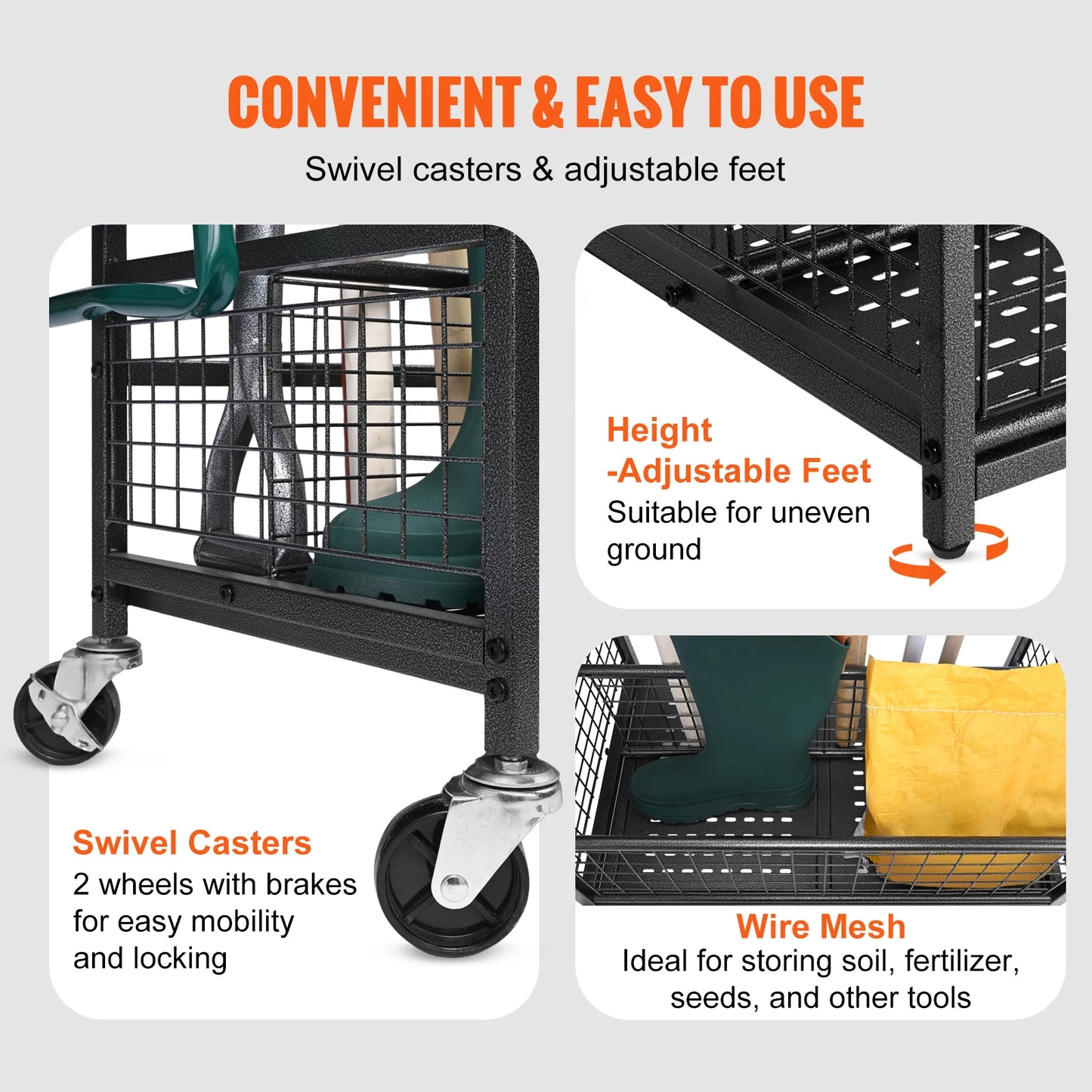 Garden Tool Organizer Rack With Hooks And Wheels For Garage