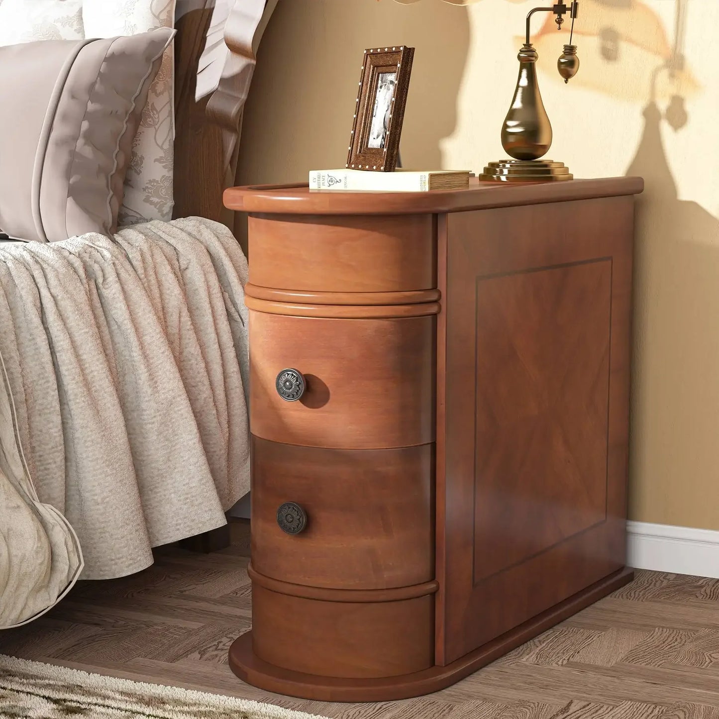 Tribesigns Round Solid Wood End Table With Drawer Nightstand