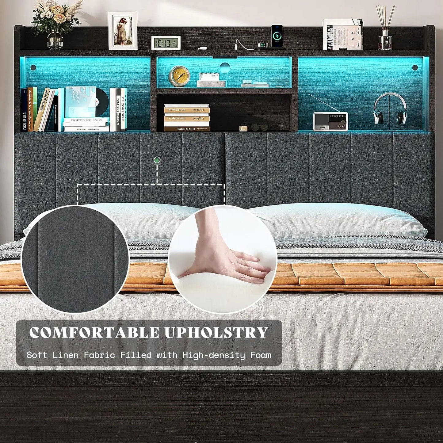 Bed Frame With Bookcase Headboard And Linen Upholstery With Storage Drawers