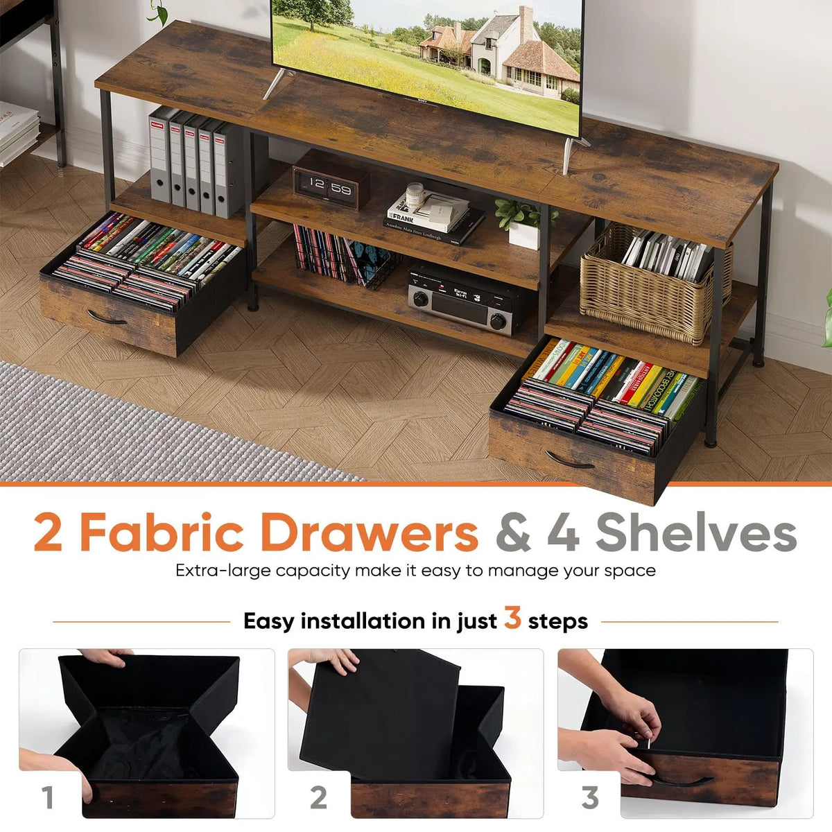 JHK Modern Wooden TV Stand With Adjustable Storage Shelf