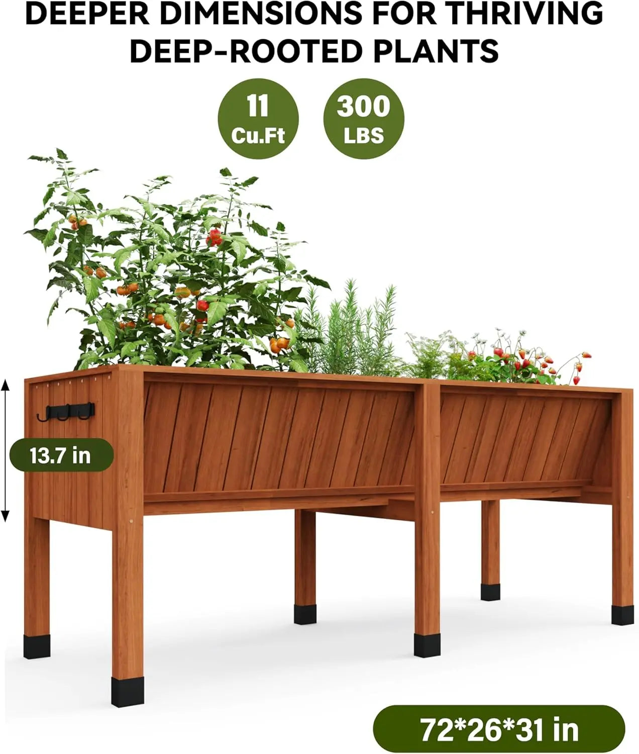 HiMISS Raised Wooden Garden Bed With Tool Hooks And Elevated Planter