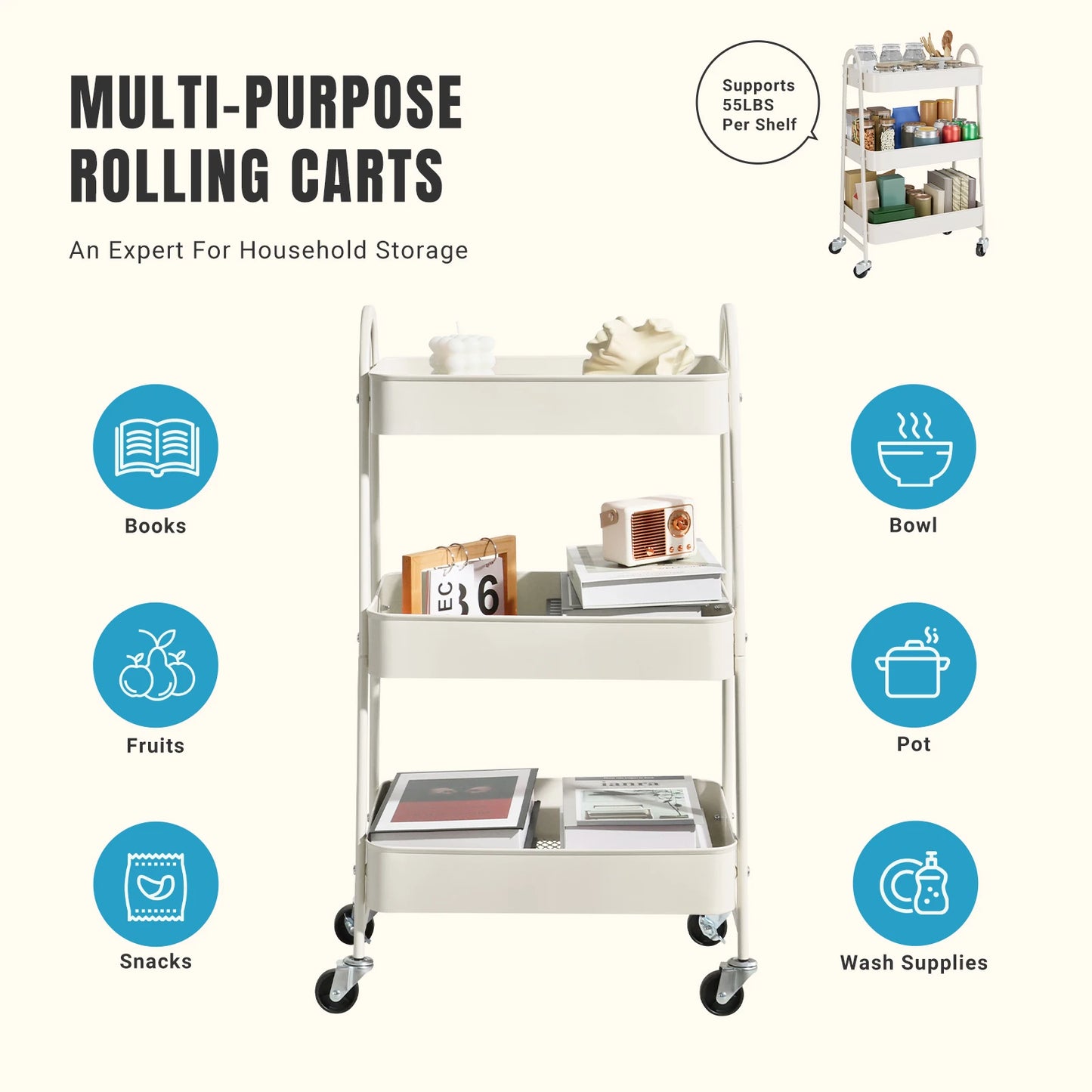 JHK 3 Tier Metal Storage Cart With Lockable Wheels