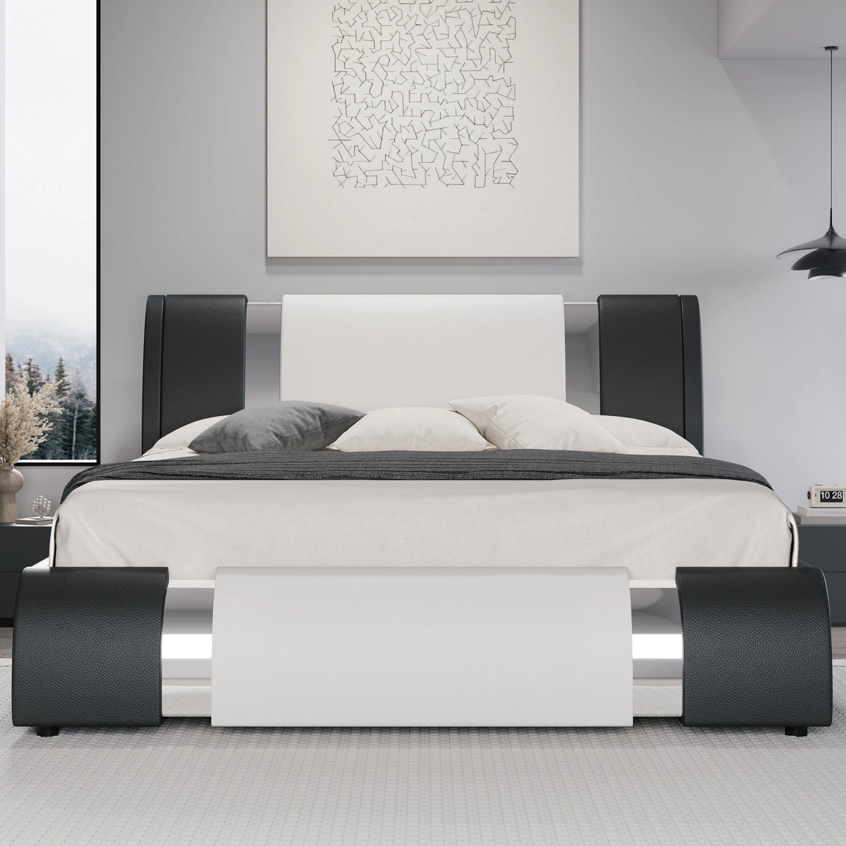 Hoomic Modern Faux Leather Platform Bed Frame With Iron Decor