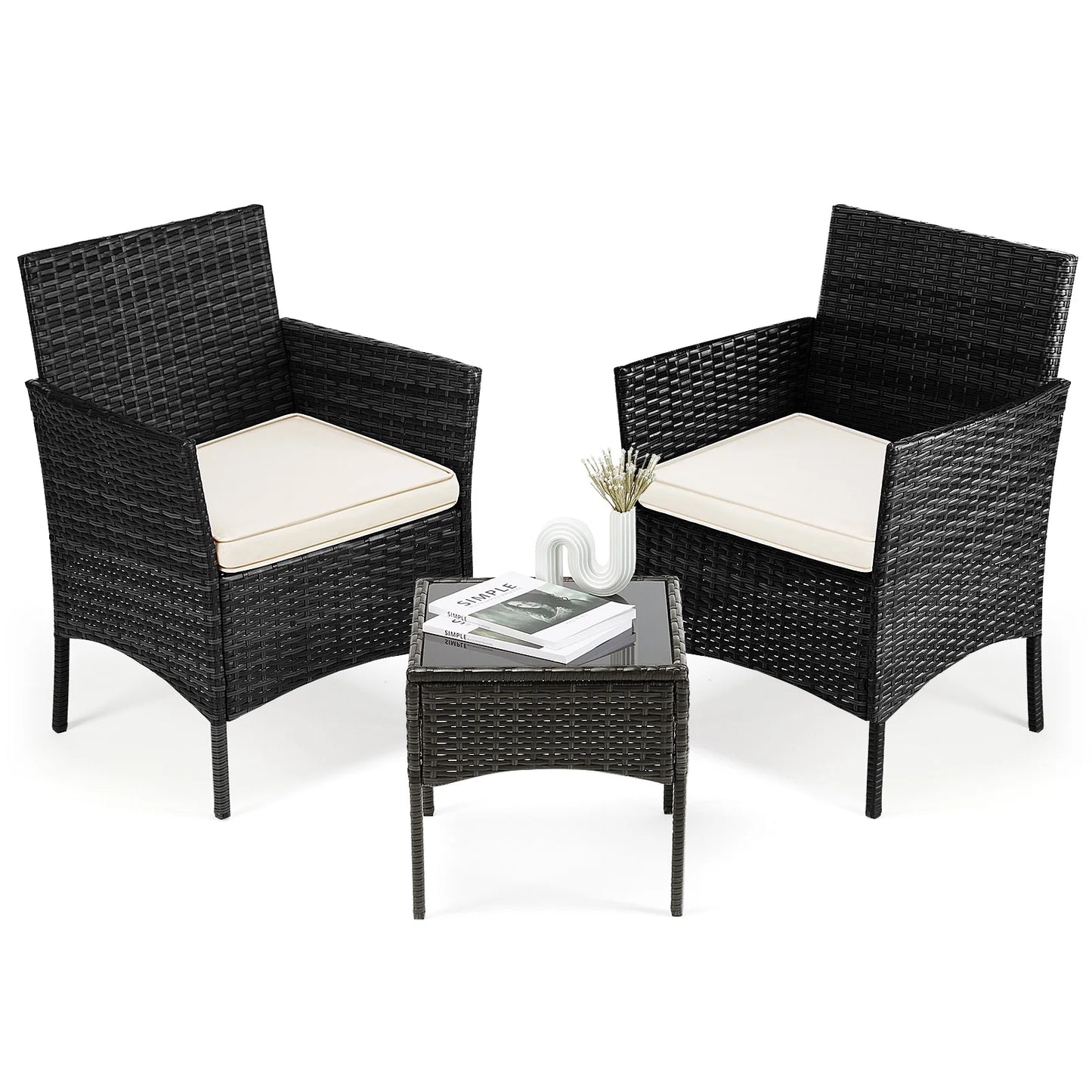 JHK Outdoor Patio Furniture Set Wicker Rattan Soft Cushions Glass Table