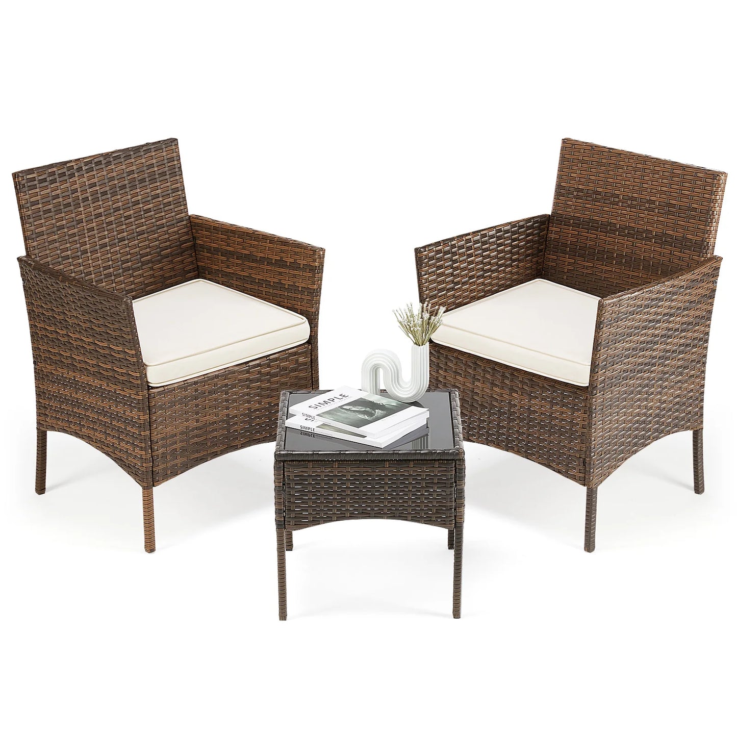 JHK Outdoor Patio Furniture Set Wicker Rattan Soft Cushions Glass Table