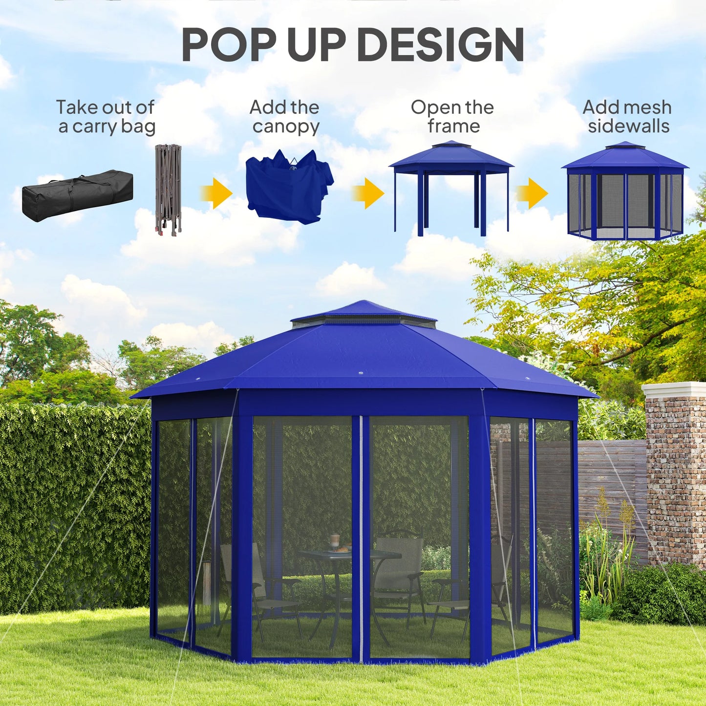 Pop Up Gazebo Hexagonal Canopy Shelter With Zippered Mesh Netting