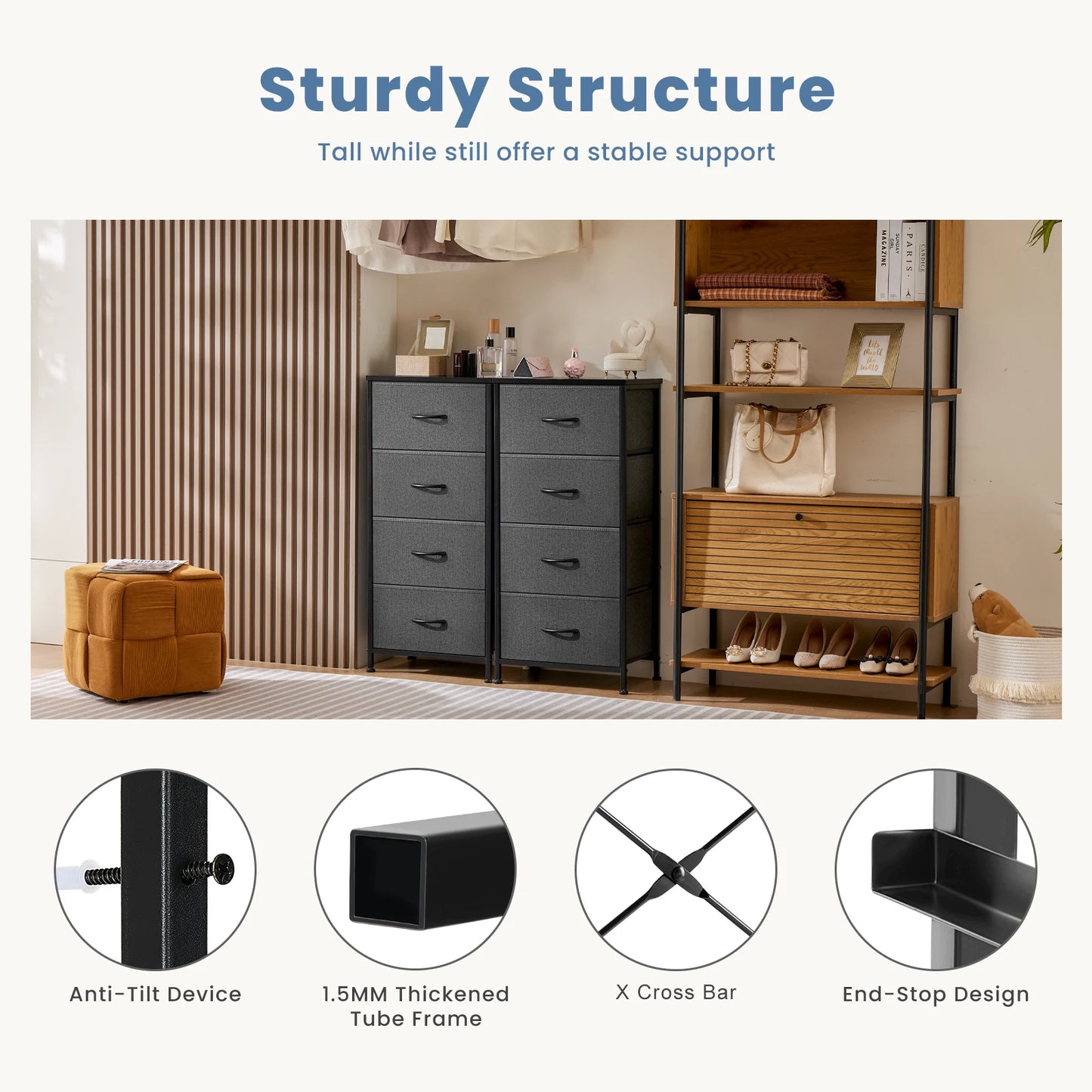 JHK Dresser For Bedroom With Four Fabric Drawers Steel Frame