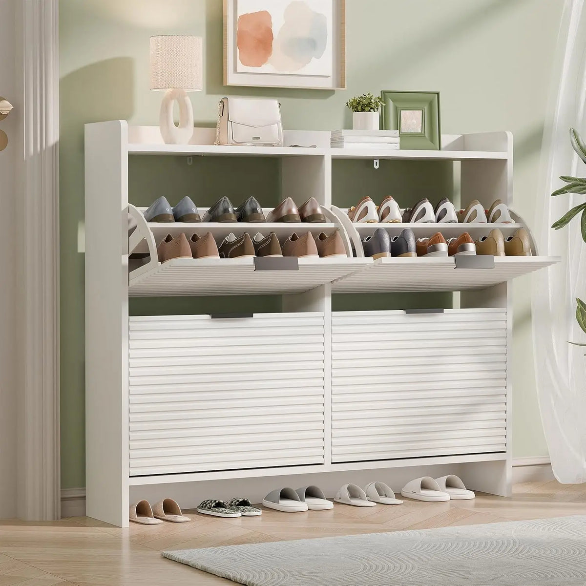Entryway Fluted Shoe Storage Cabinet With Flip Drawers