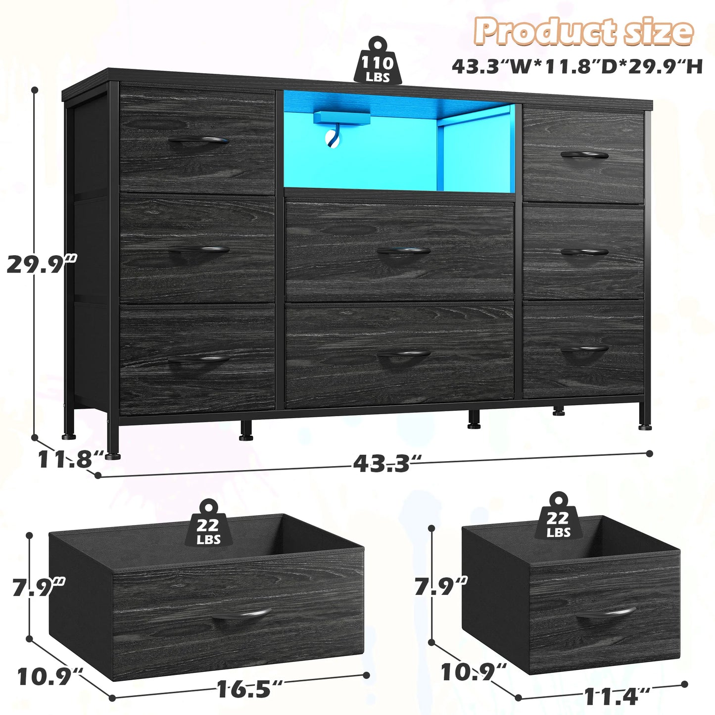 EnHomee 8 Drawer Media Dresser With Led Lighting And Charging