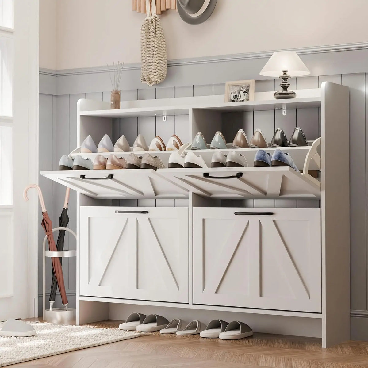 Entryway Fluted Shoe Storage Cabinet With Flip Drawers