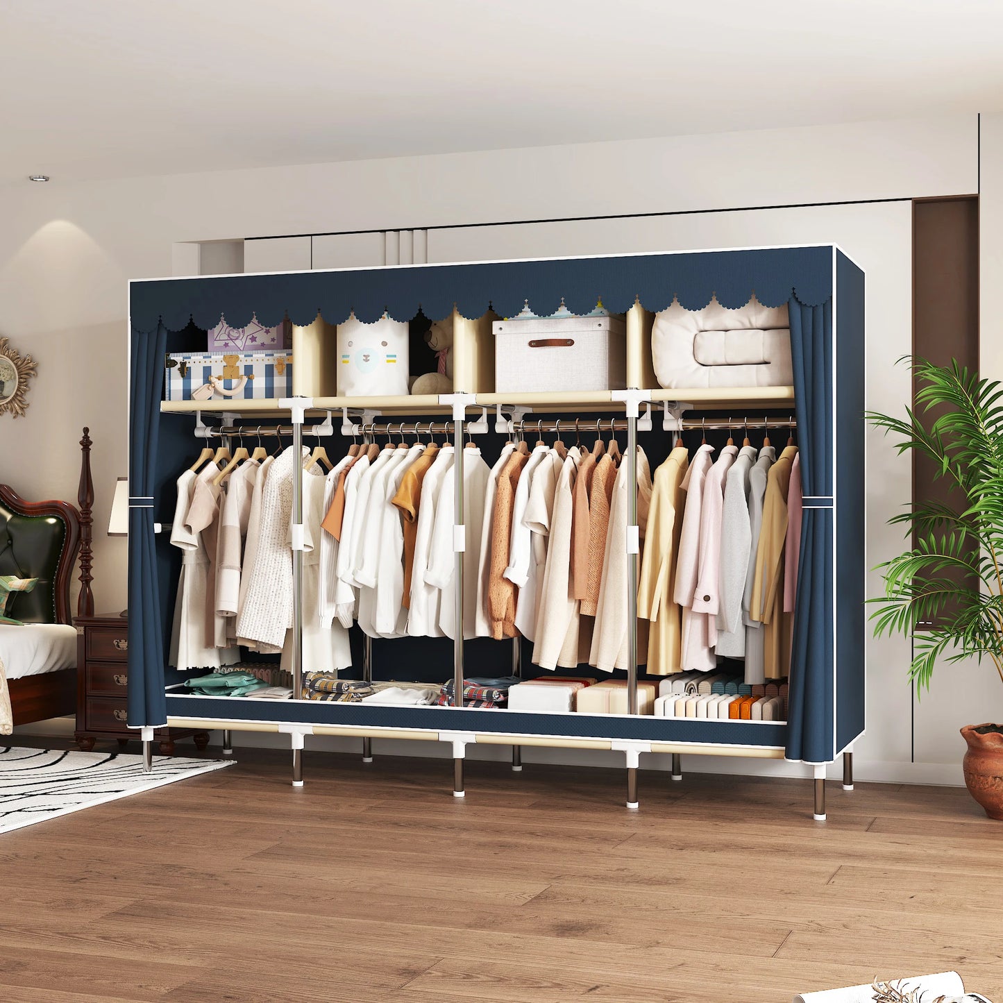 ArluKin Heavy Duty Fabric Wardrobe With 4 Hanging Rods And Storage Spaces