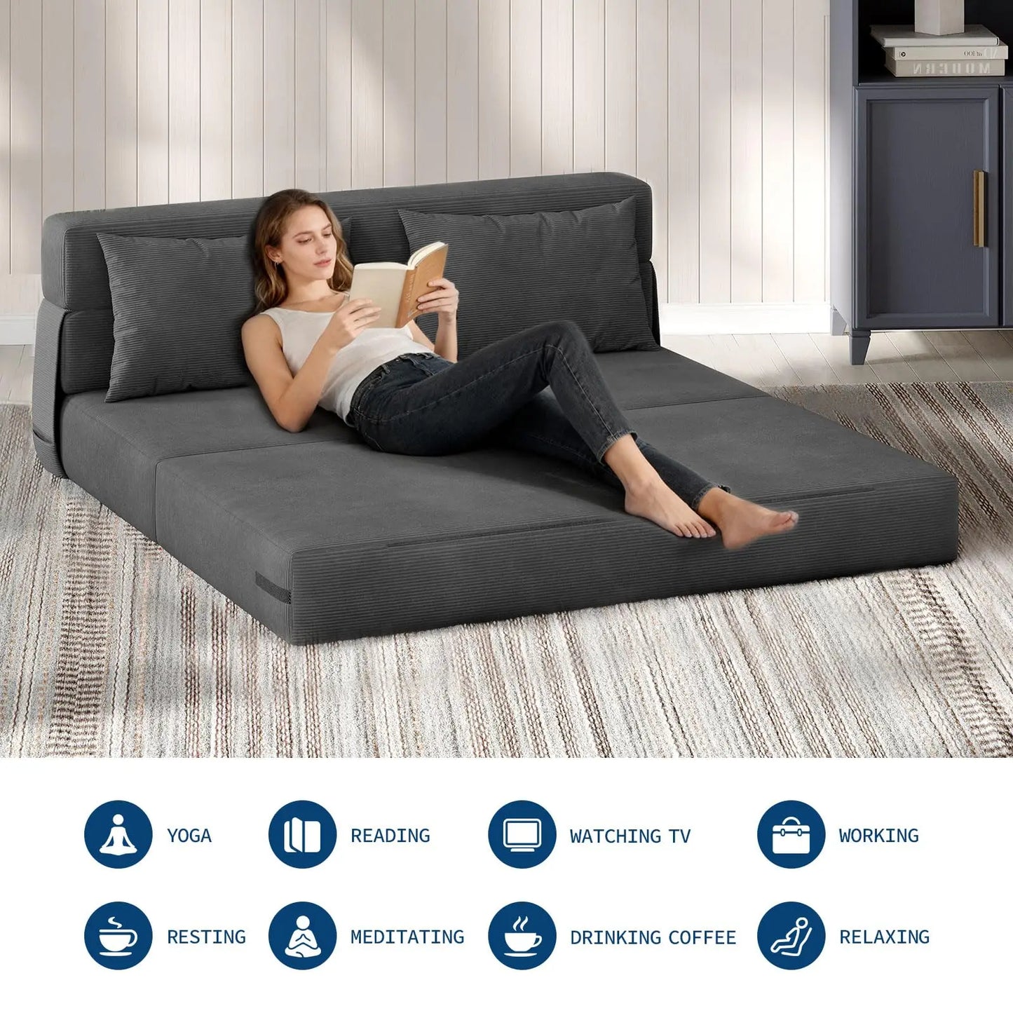 HobbyLane 4 In 1 Folding Corduroy Sofa Bed Convertible Sleeper Couch With Pillow
