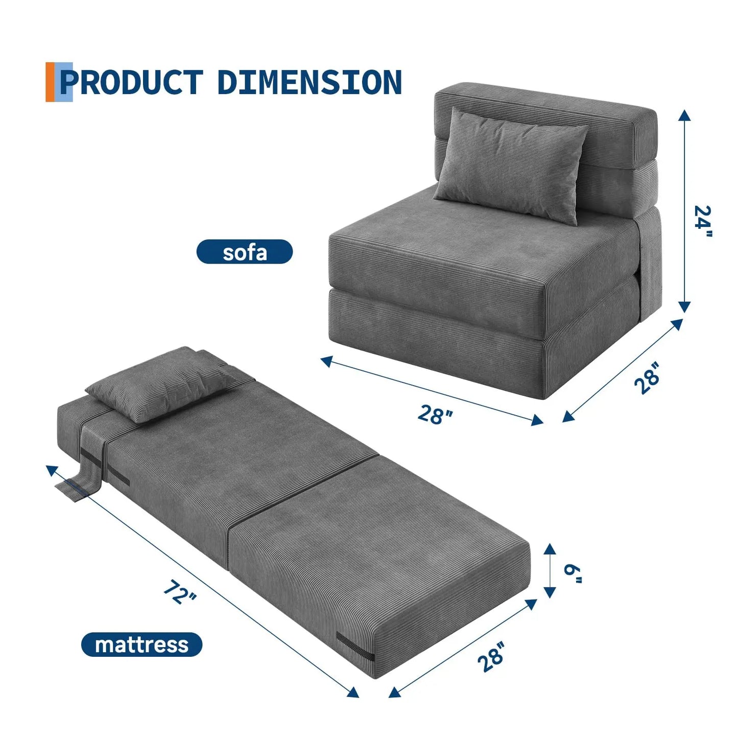 HobbyLane 4 In 1 Folding Corduroy Sofa Bed Convertible Sleeper Couch With Pillow