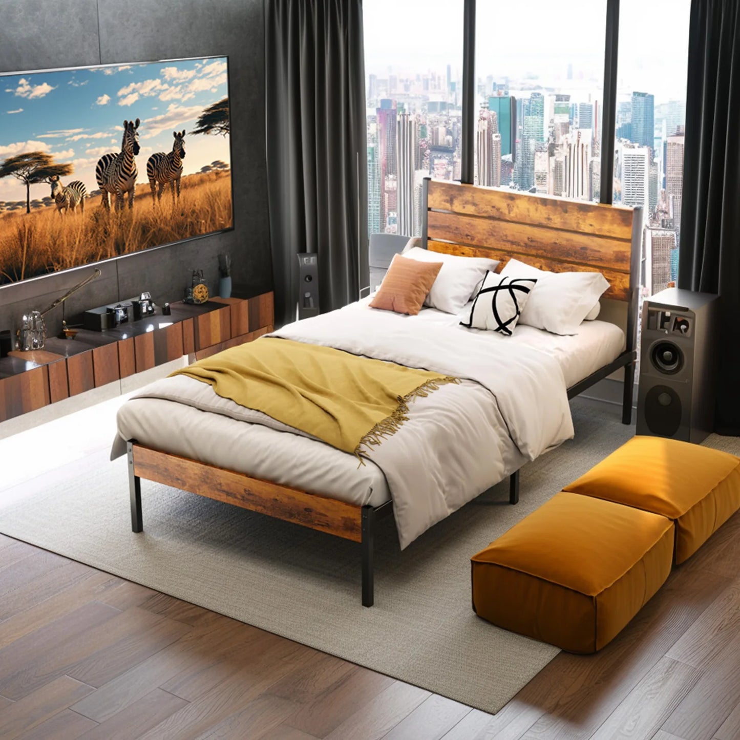 JHK Metal Platform Bed Frame With Headboard And Footboard Slats