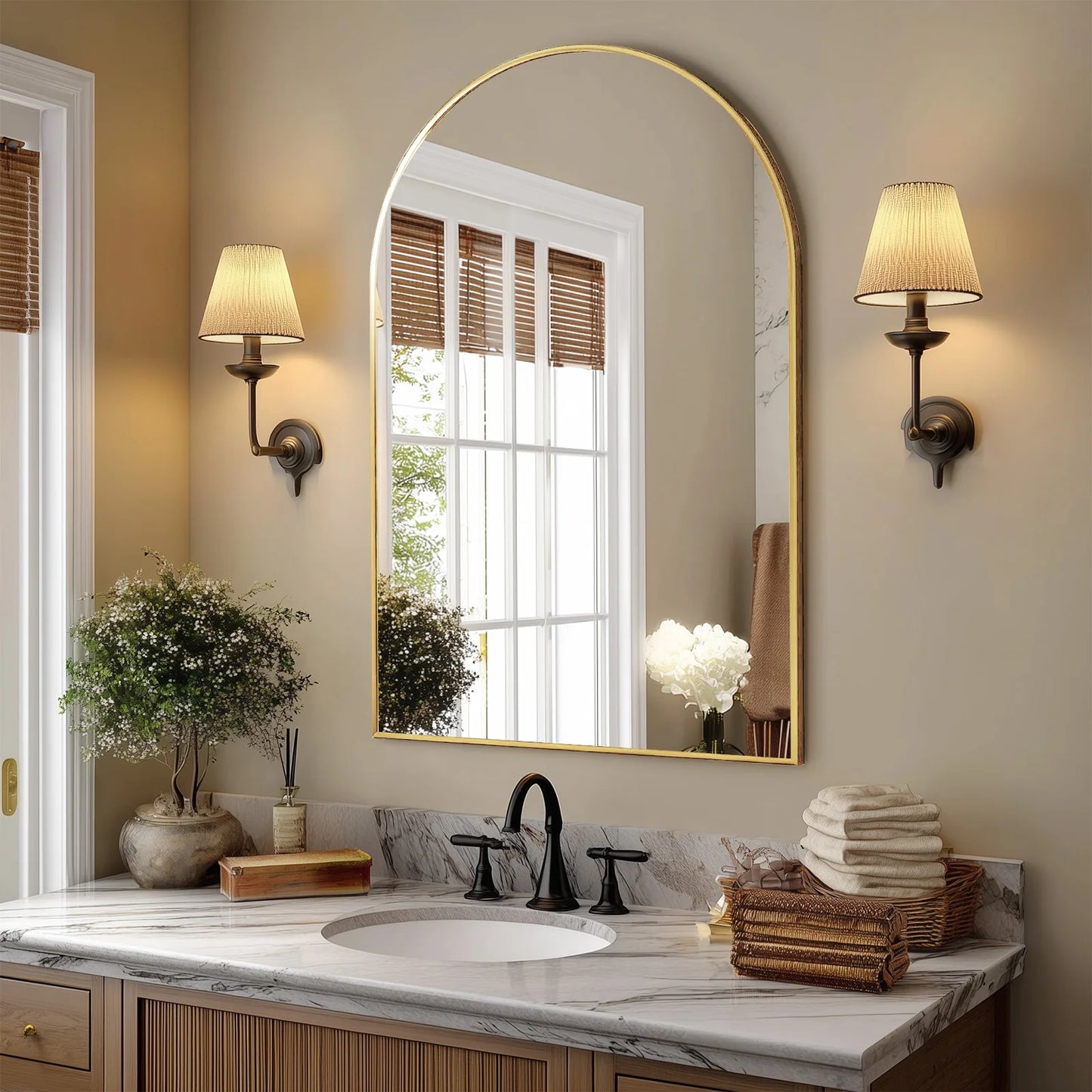 JHK Arched Metal Framed Bathroom Mirror Wall Hanging Decor