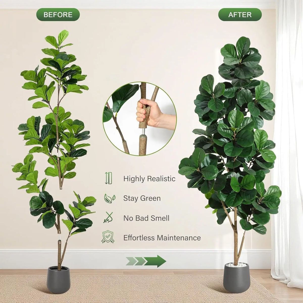 HiMISS Realistic Artificial Fiddle Leaf Fig Tree With Planter Pot