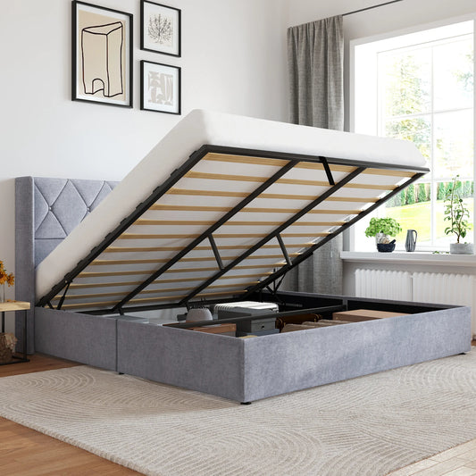 JHK Modern Hydraulic Lift Up Upholstered Storage Bed