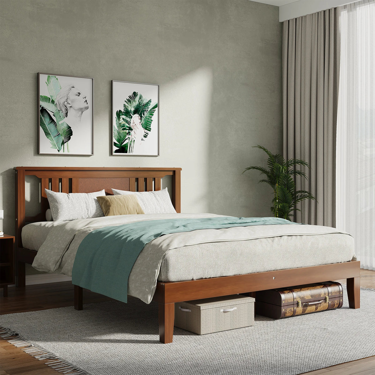 MCQ Wood Platform Bed Frame With Headboard And Sturdy Slats
