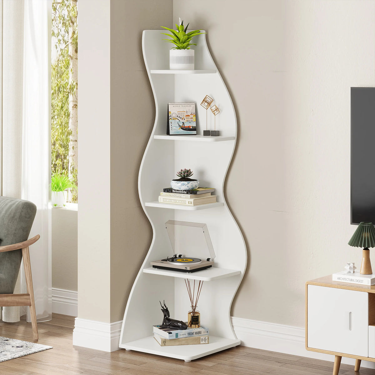 Tribesigns Modern Wooden Corner Bookshelf For Home Office Storage