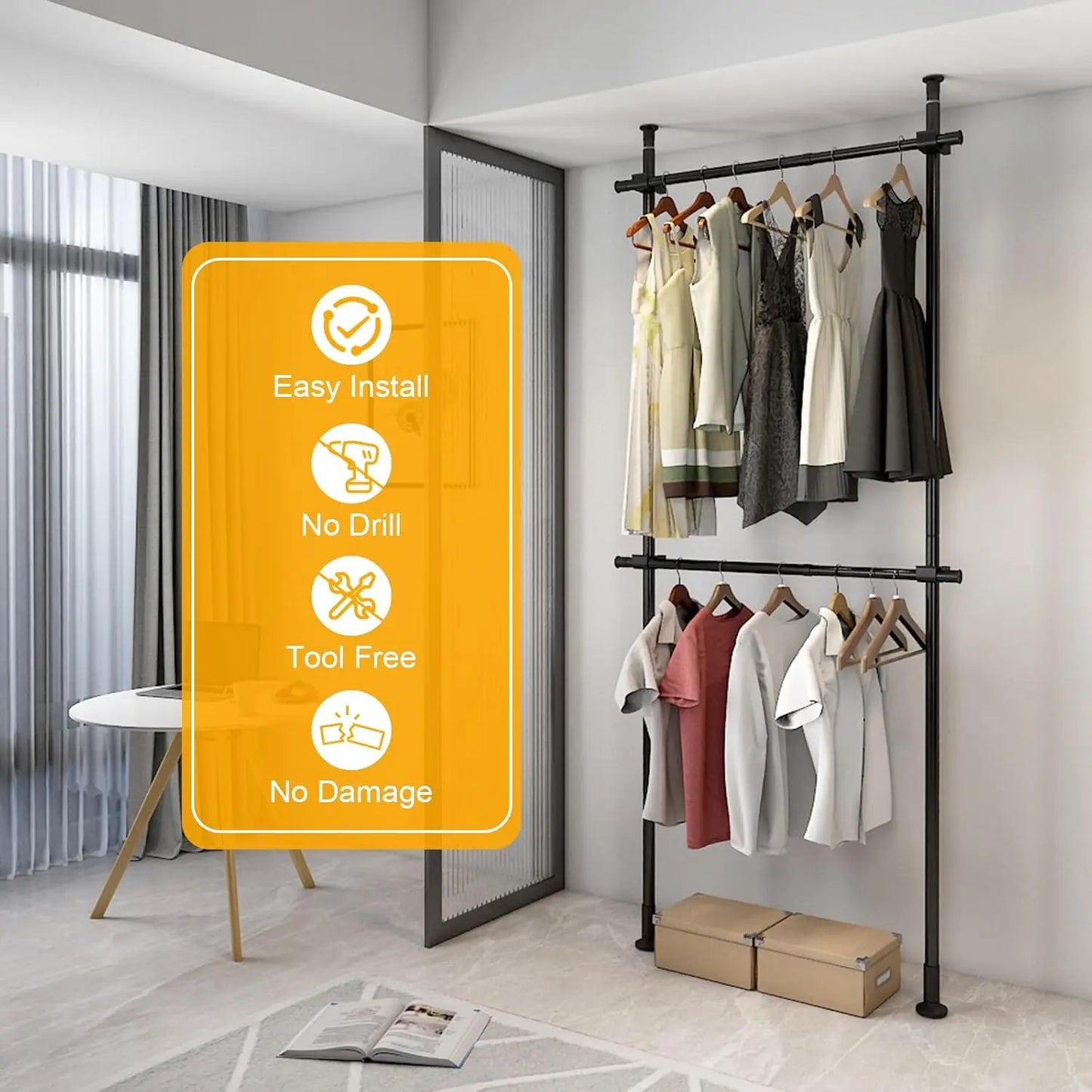 Adjustable Floor to Ceiling Clothing Rack Organizer in Stainless Steel