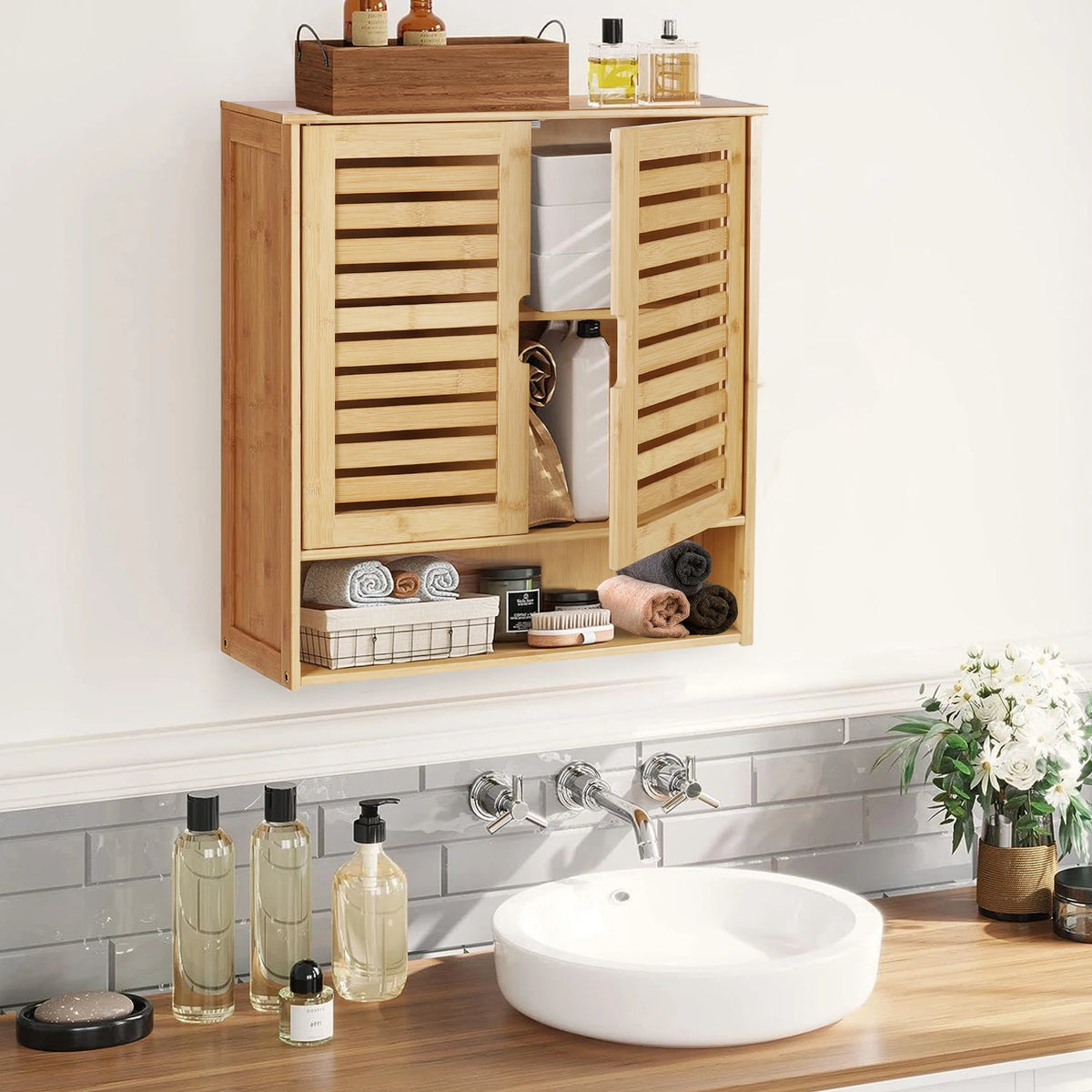 Bamboo Bathroom Wall Cabinet With Double Door And Adjustable Shelves