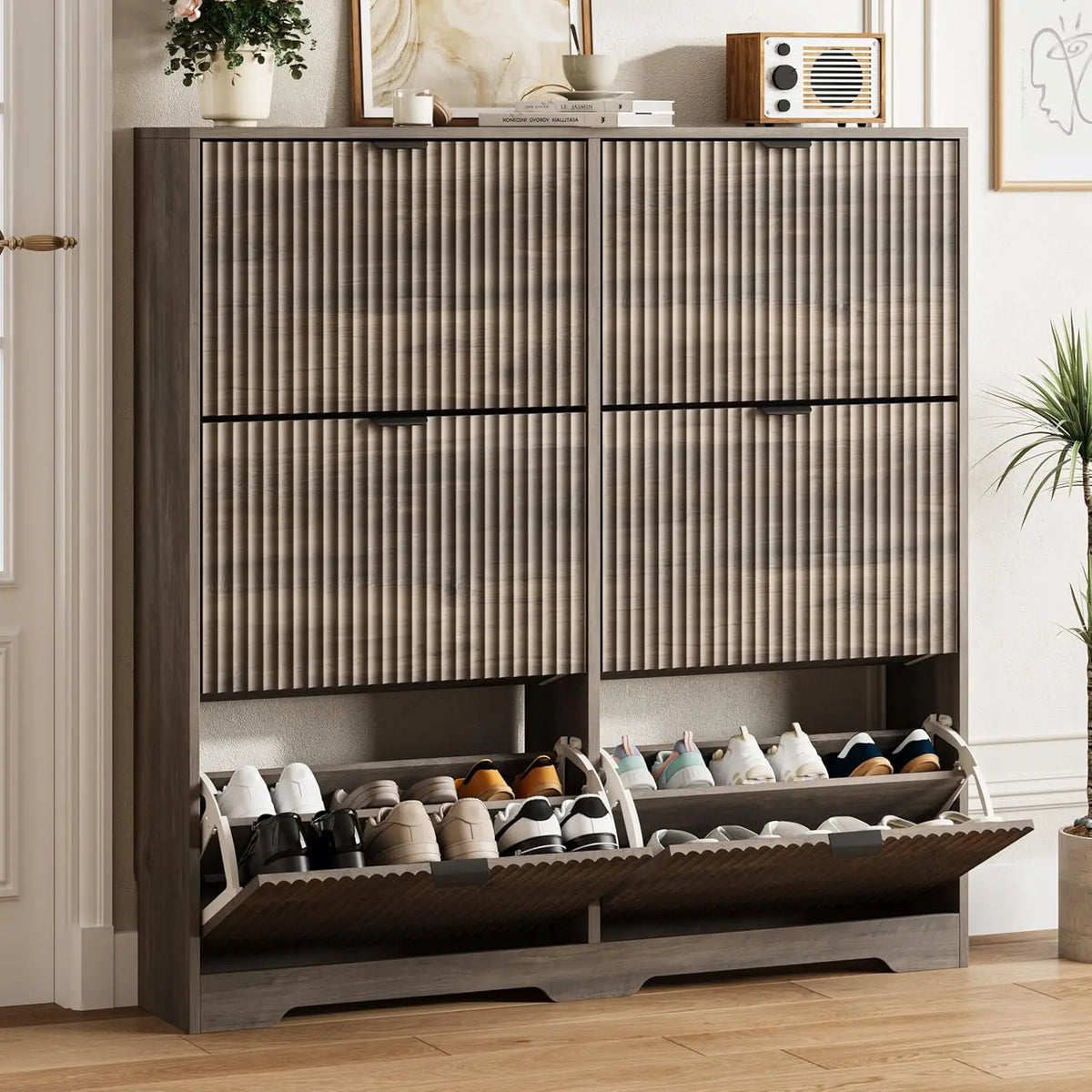 Walnut Fluted Shoe Cabinet With 6 Flip Drawers Adjustable Shelves Wooden