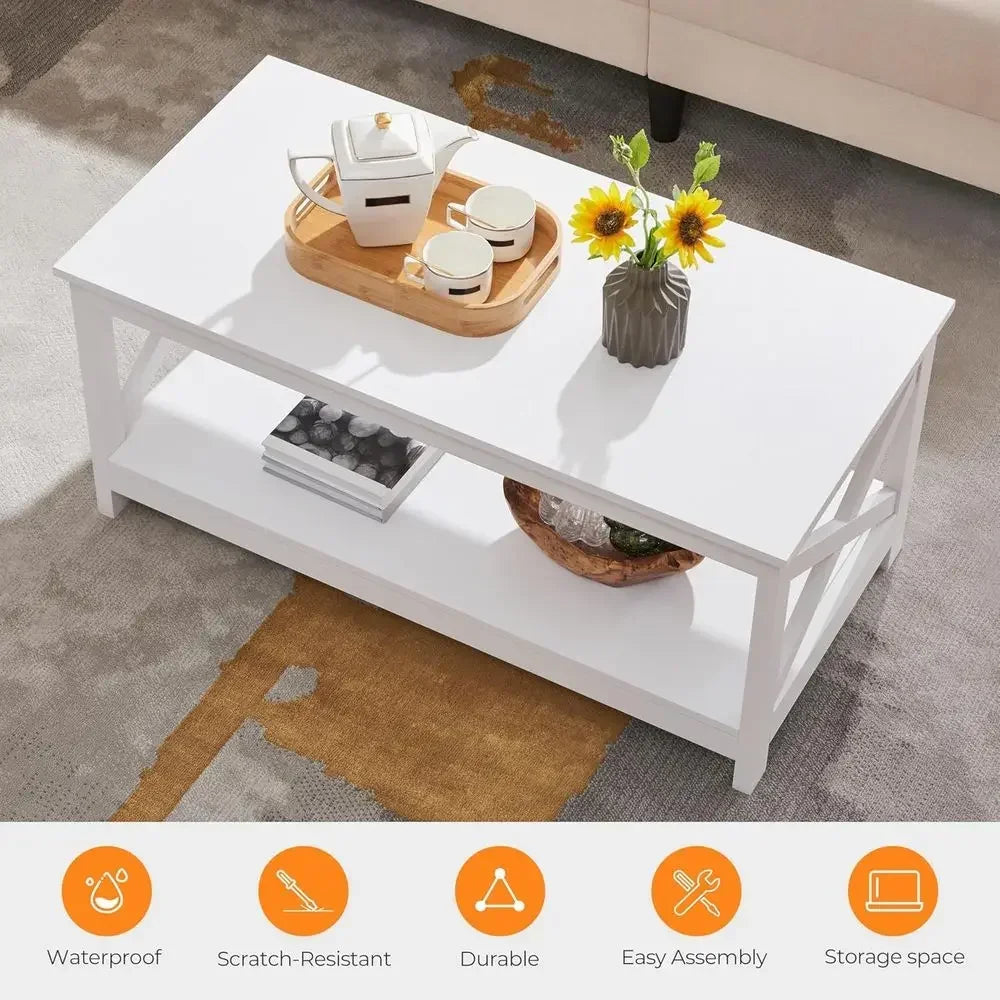 Wood 2-Tier Coffee Table With Storage Shelves Modern X Design