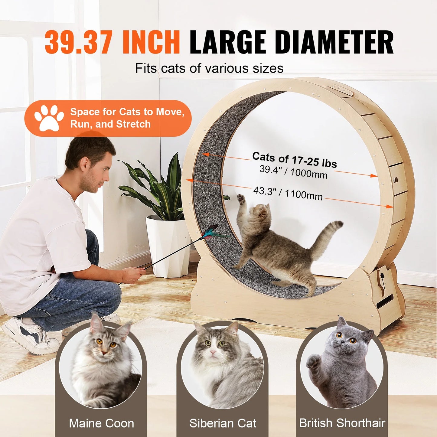 Wooden Cat Exercise Wheel Large Indoor Running Treadmill With Detachable Carpet