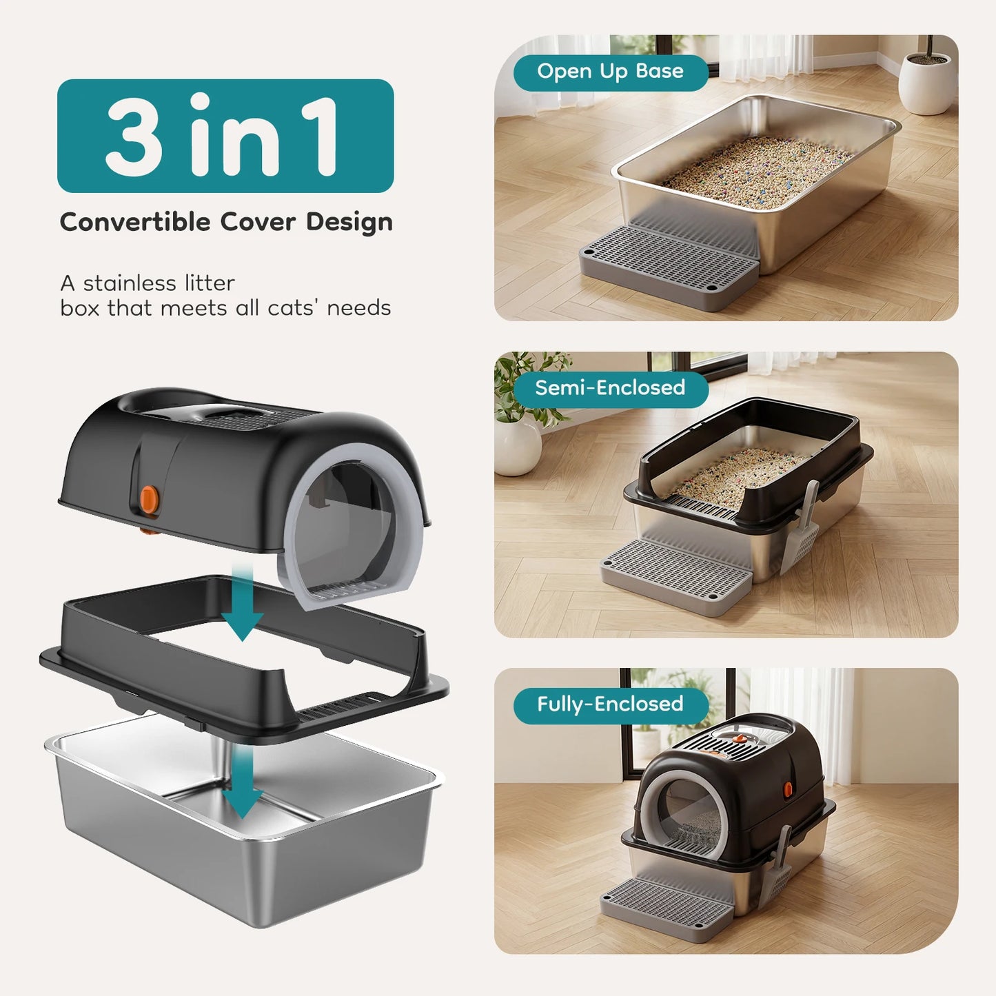 Stainless Steel Cat Litter Box Fully Enclosed For Large Cats Scoop And Mat