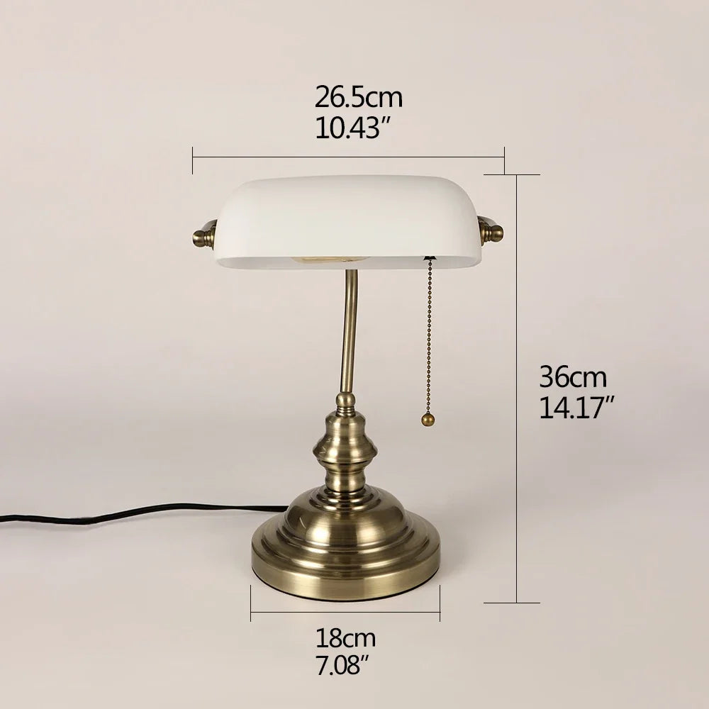 E27 Glass Iron Banker Desk Lamp With Zipper Switch For Office And Bedroom