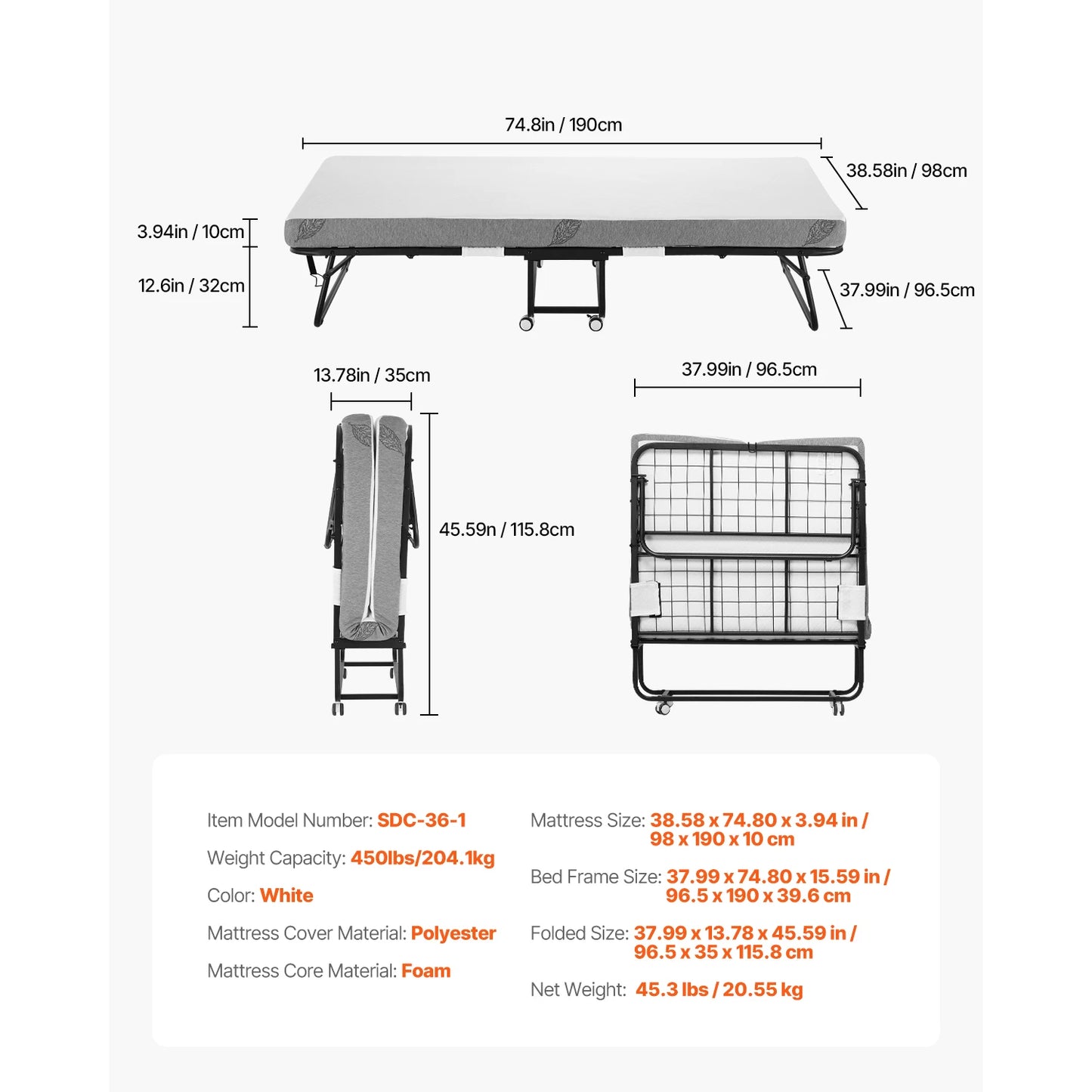 SucceBuy Rollaway Bed With Memory Foam Mattress Folding Guest Bed