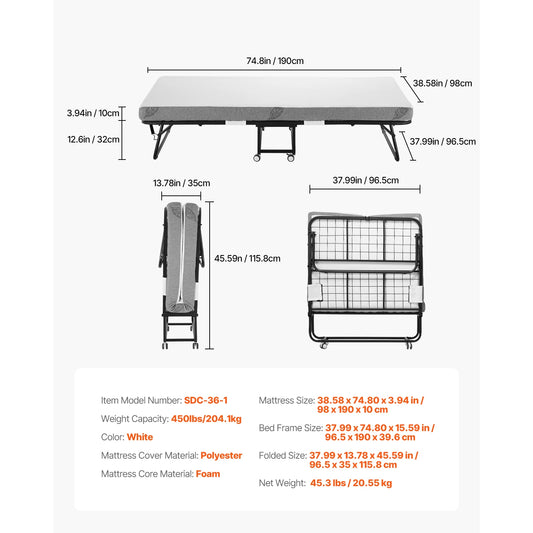 SucceBuy Rollaway Bed With Memory Foam Mattress Folding Guest Bed