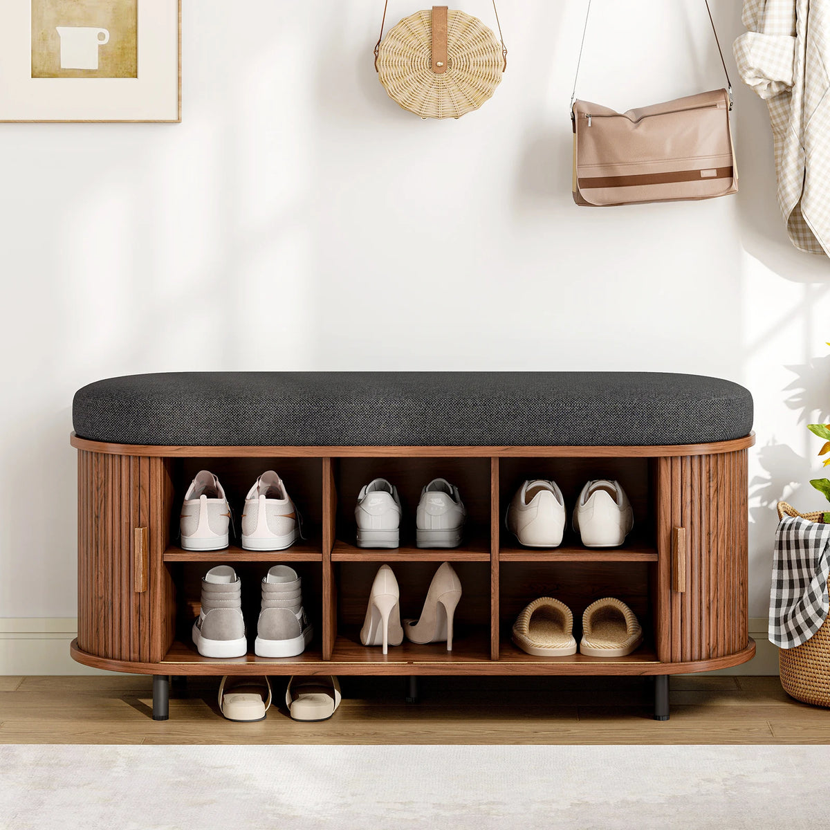 3 Tier Wooden Shoe Storage Bench Organizer With Cushion