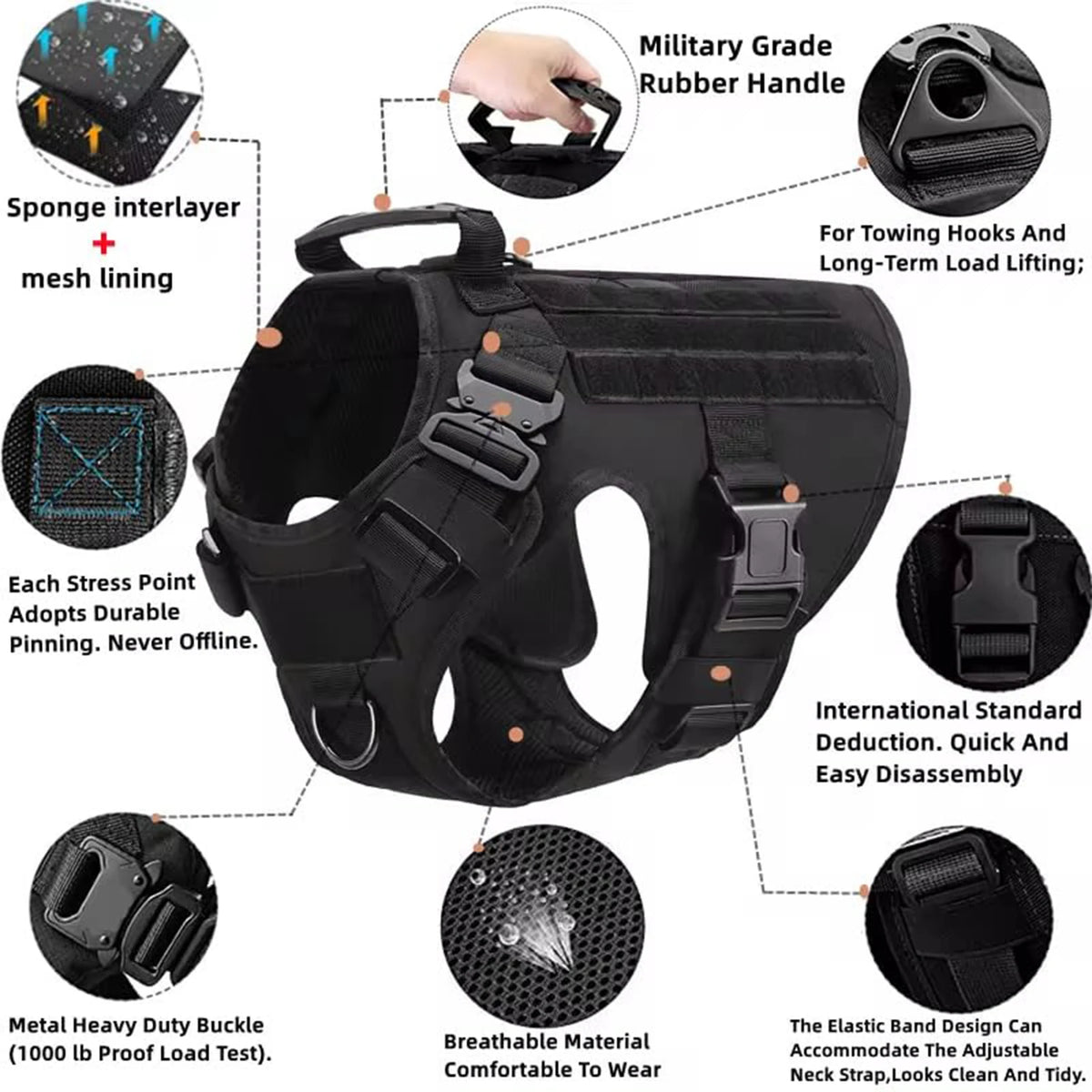 Tactical Nylon Dog Harness Collar With Molle Pouches For Large Pets