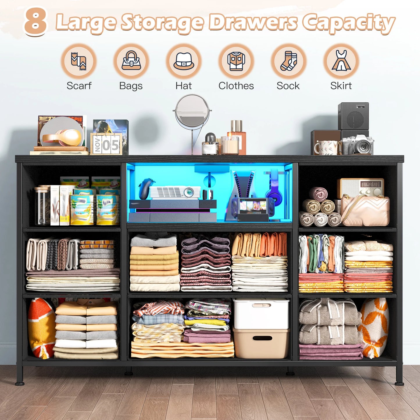 EnHomee 8 Drawer Media Dresser With Led Lighting And Charging
