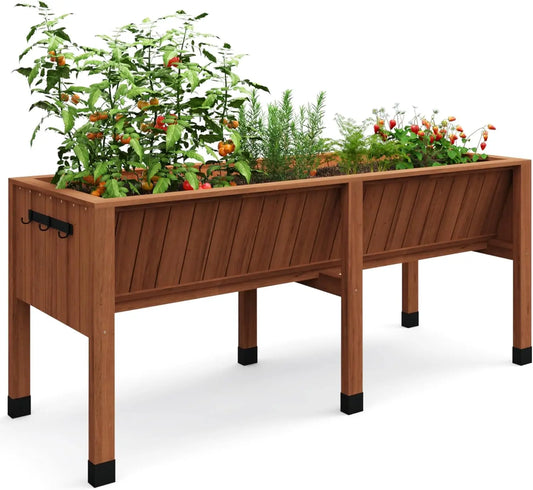 HiMISS Raised Wooden Garden Bed With Tool Hooks And Elevated Planter