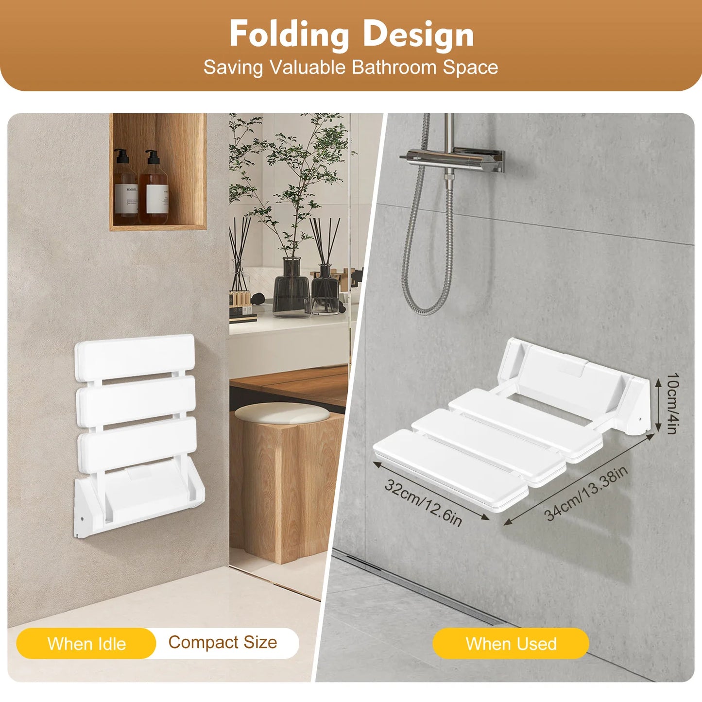 Wall Mounted Folding Shower Seat Non Slip Bath Chair White