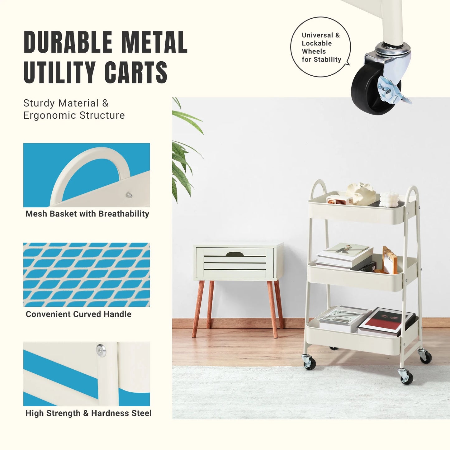 JHK 3 Tier Metal Storage Cart With Lockable Wheels