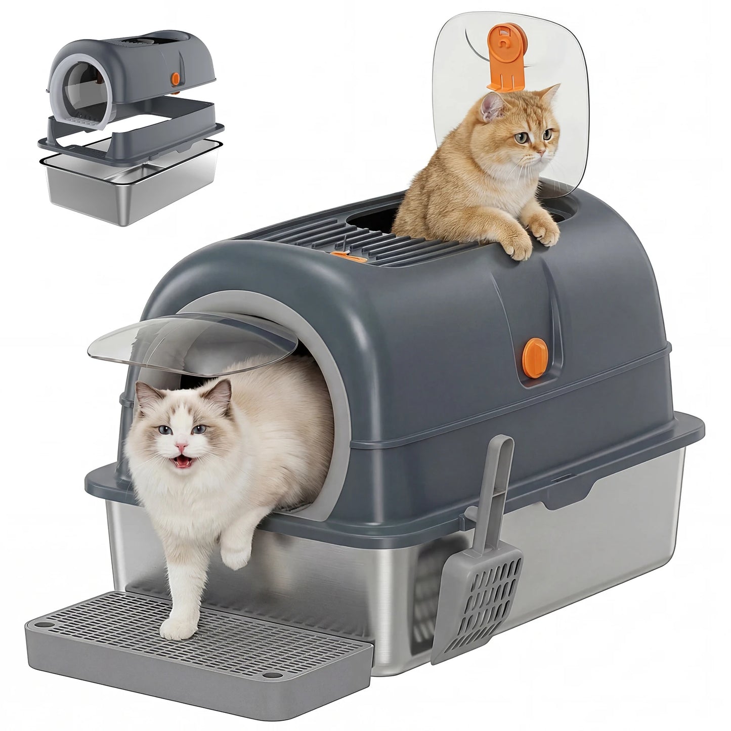 Stainless Steel Cat Litter Box Fully Enclosed For Large Cats Scoop And Mat