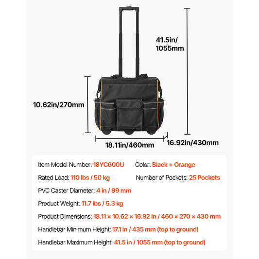 SucceBuy Durable Rolling Tool Bag With Telescoping Handle And Pockets