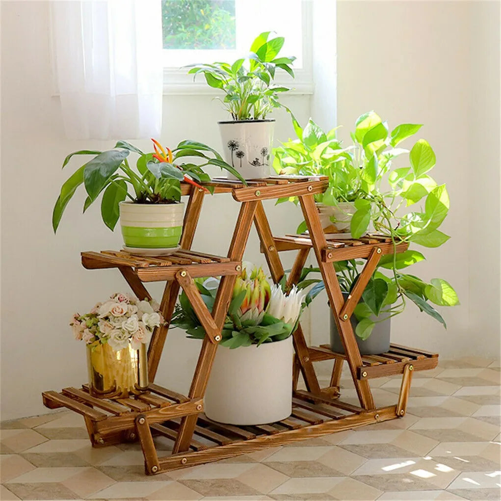 Carbonized Triangle Six Tier Corner Wood Plant Stand Indoor Outdoor