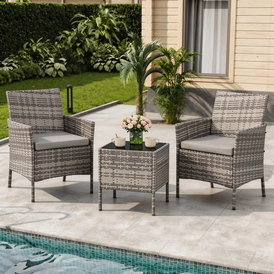 HiMISS Patio Furniture Set Rattan Wicker Chairs With Cushions And Glass Table