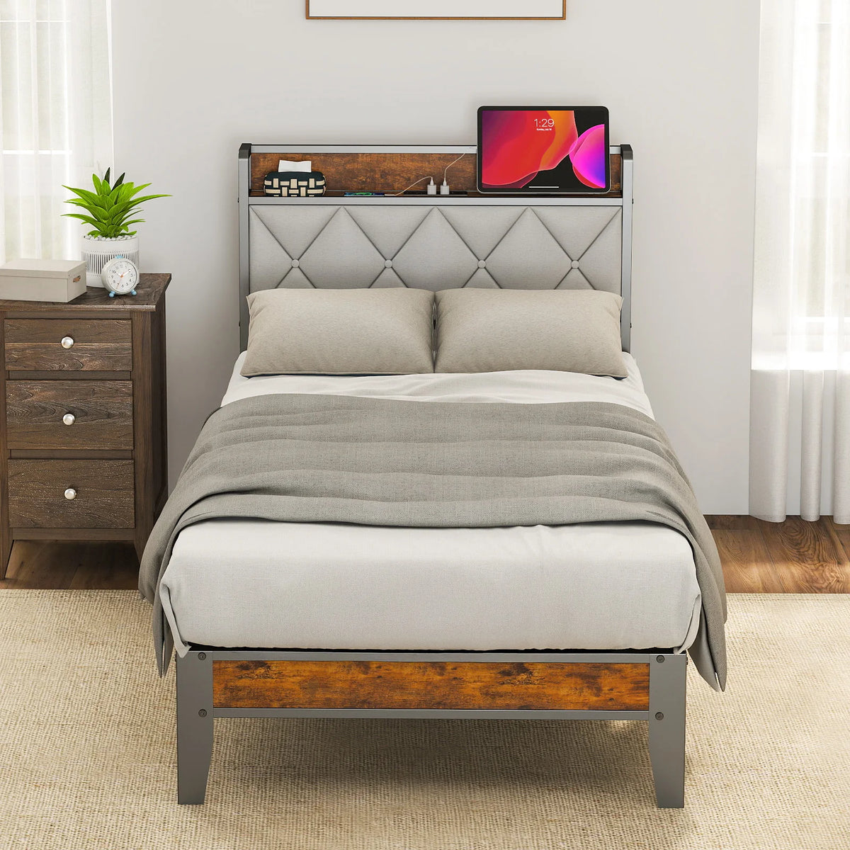 MCQ Metal Bed Frame Featuring Storage Headboard And USB Ports