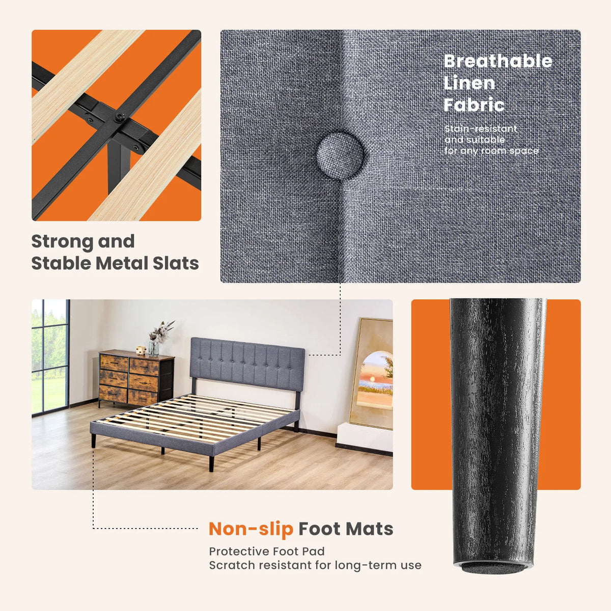 M C Q Upholstered Platform Bed With Adjustable Headboard