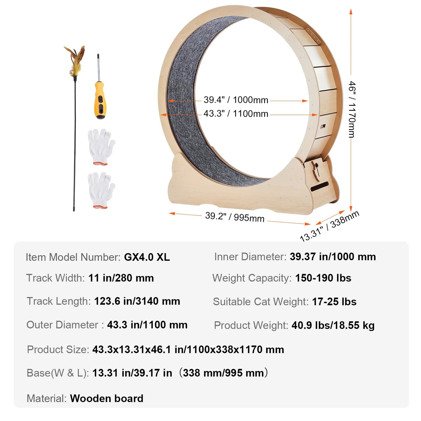 Wooden Cat Exercise Wheel Large Indoor Running Treadmill With Detachable Carpet