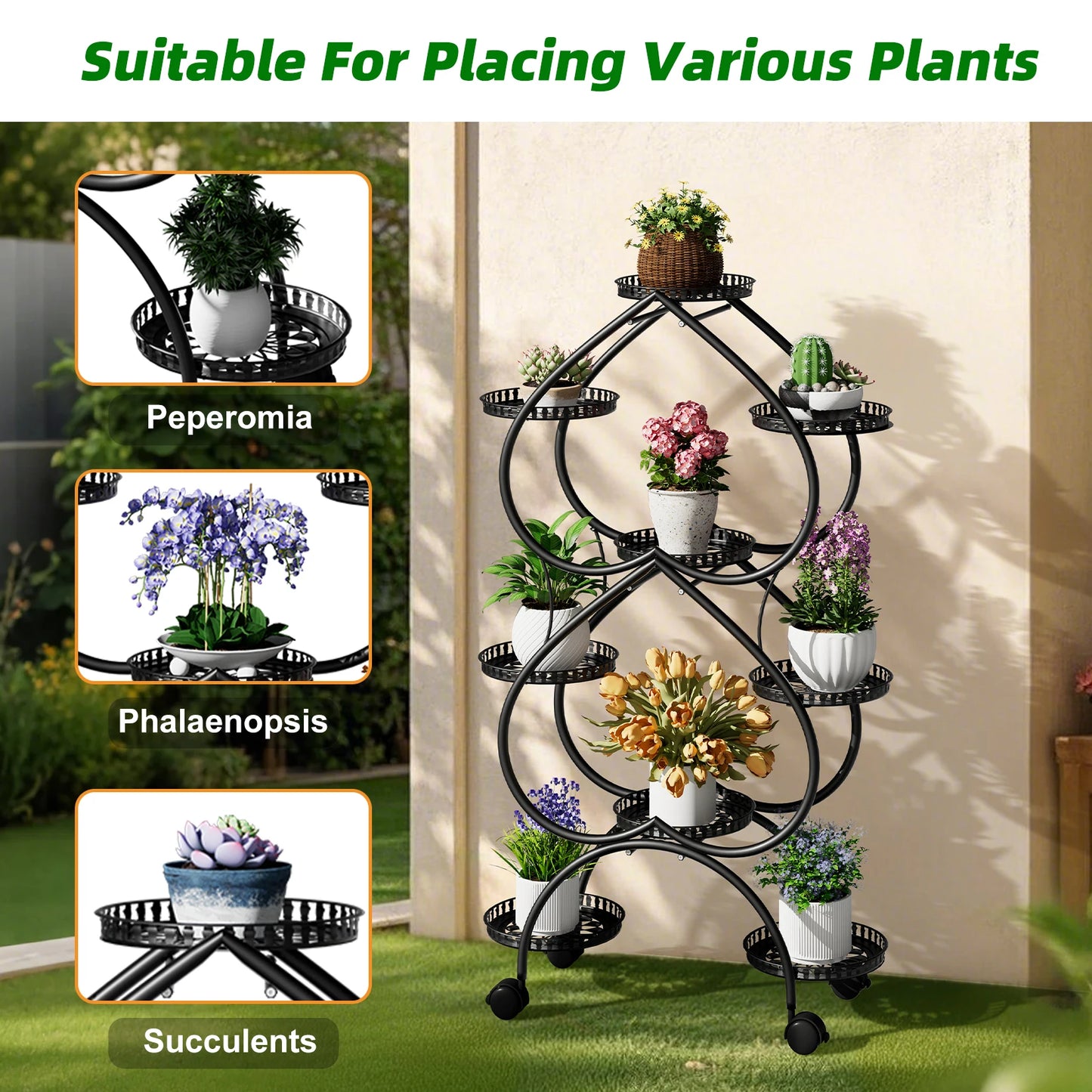 9 Tier Metal Plant Stand With Wheels For Balcony Garden