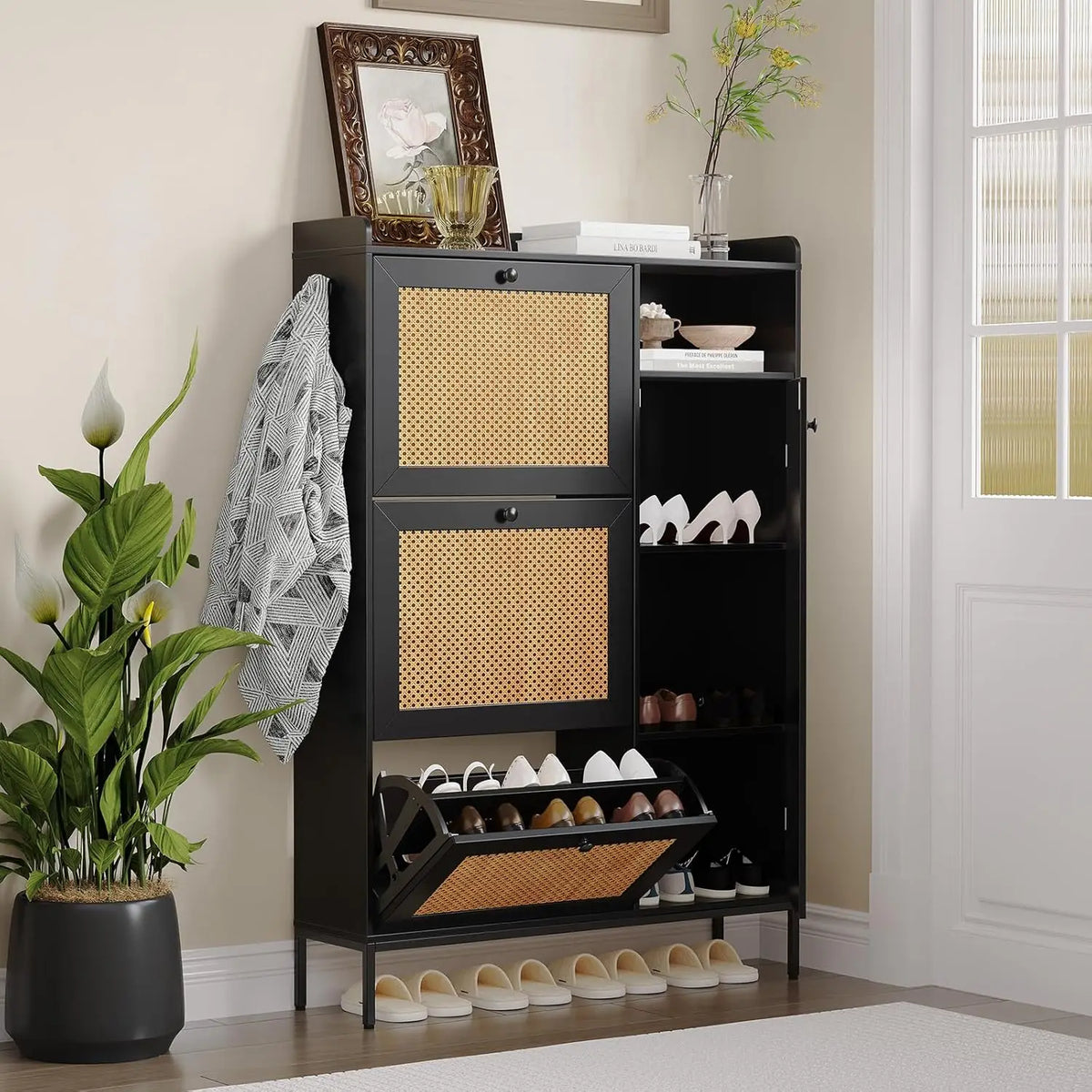 Natural Rattan Shoe Cabinet With Adjustable Shelves