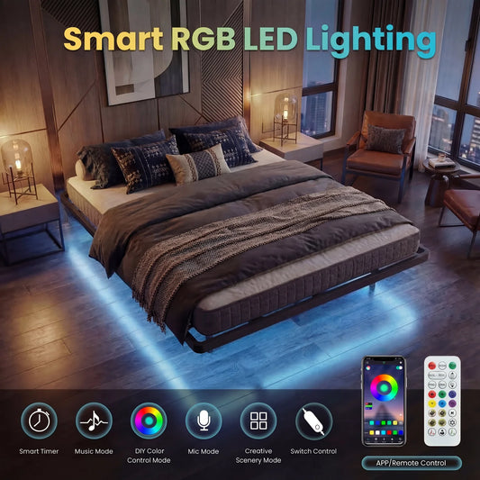 Hoomic Floating Bed Frame With LED Lights And Charging Station