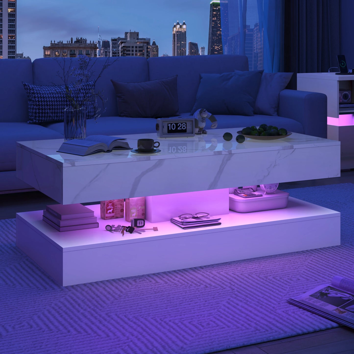 QiaoShiRen Modern LED Coffee Table With Double Layer Storage Drawers